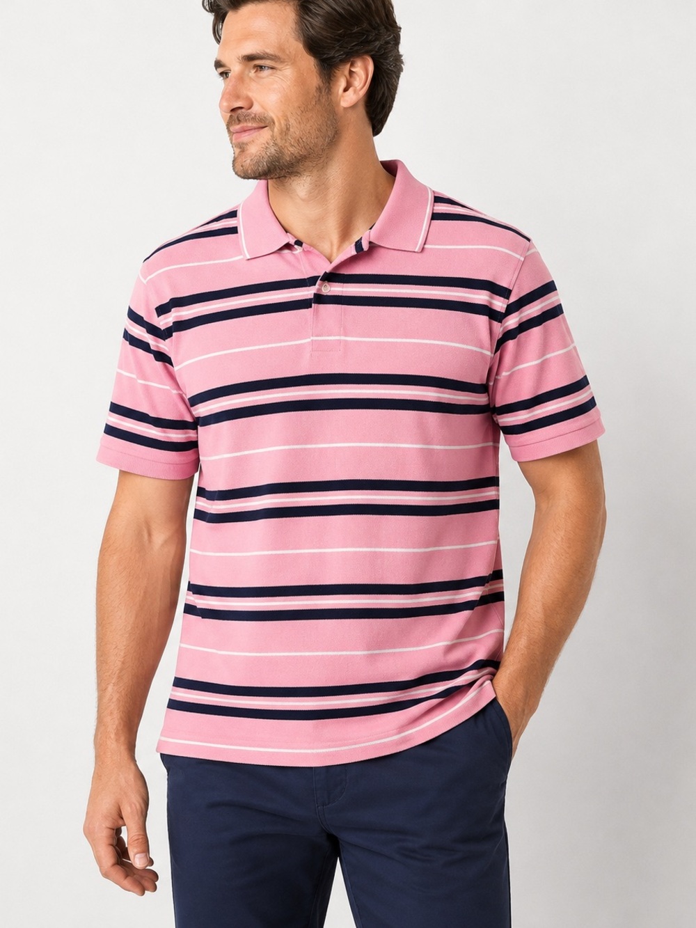 Club Room Men Pink black striped Polo Shirt Large 100% cotton preppy golf casual